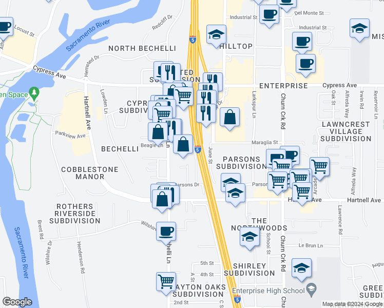map of restaurants, bars, coffee shops, grocery stores, and more near 2839 Duane Avenue in Redding