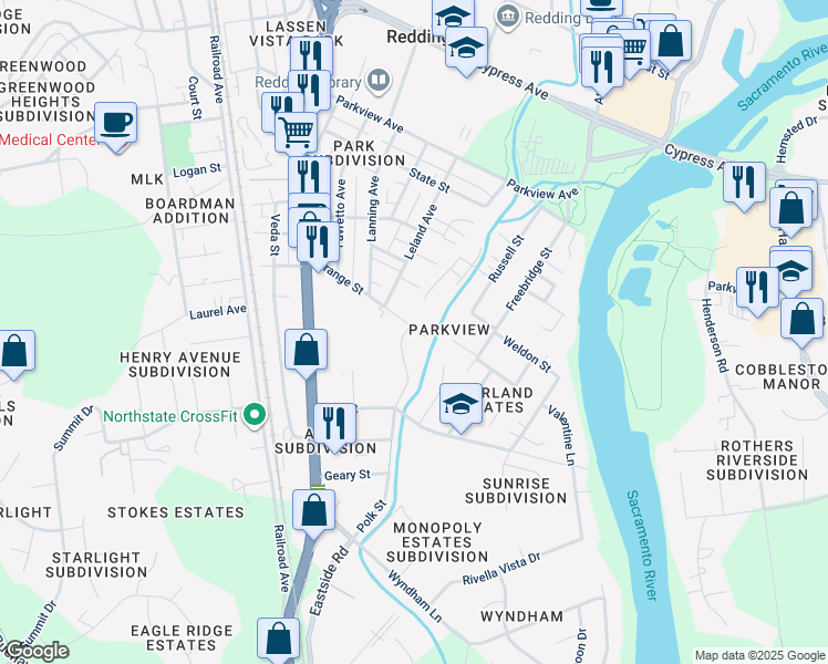 map of restaurants, bars, coffee shops, grocery stores, and more near 975 Grange Street in Redding