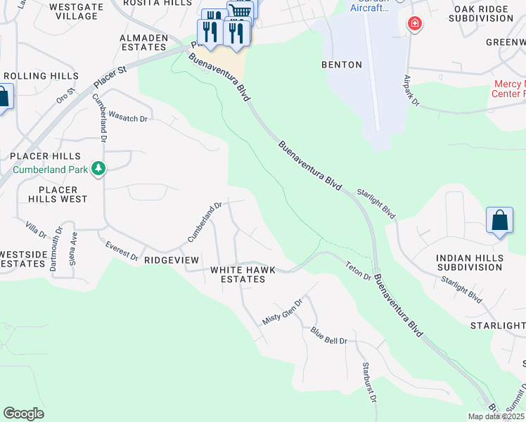 map of restaurants, bars, coffee shops, grocery stores, and more near 2025 Raindrop Court in Redding