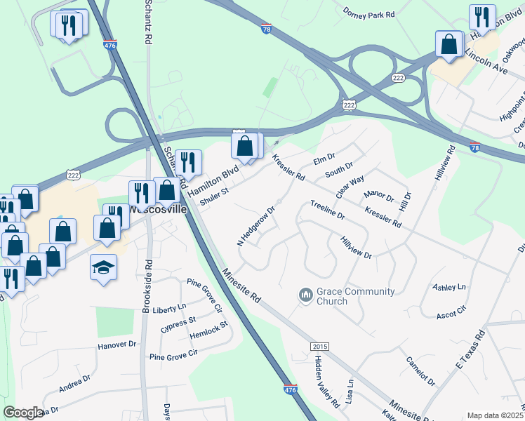 map of restaurants, bars, coffee shops, grocery stores, and more near 962 Barnside Road in Allentown