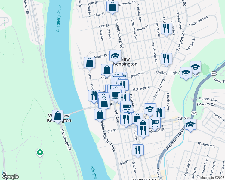 map of restaurants, bars, coffee shops, grocery stores, and more near 943 4th Avenue in New Kensington