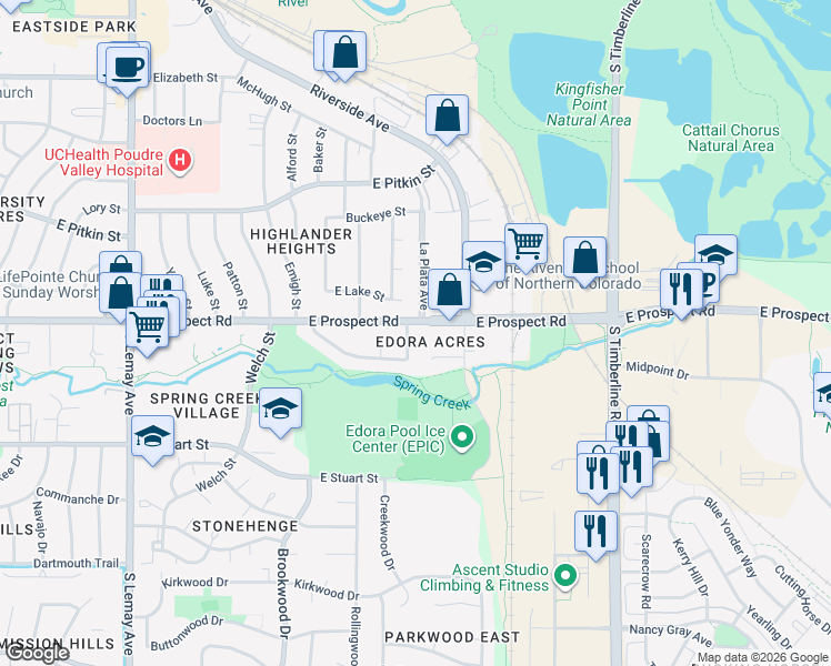 map of restaurants, bars, coffee shops, grocery stores, and more near 1700 Erin Court in Fort Collins