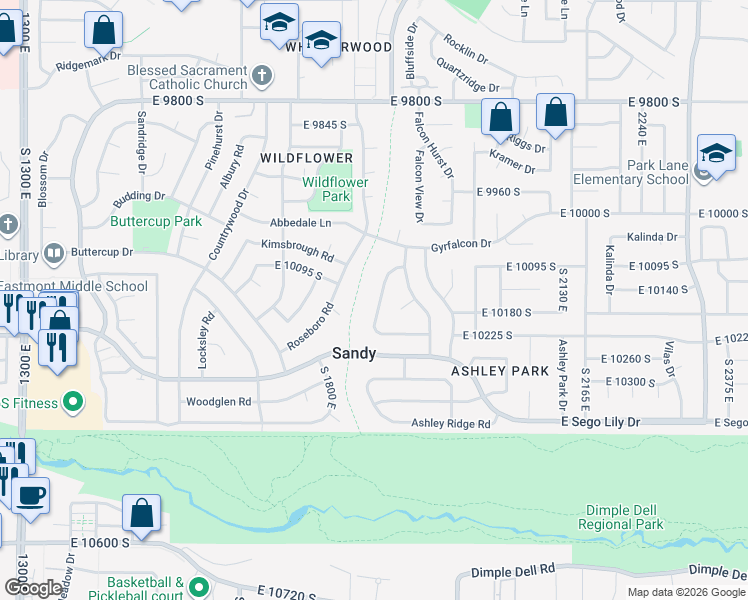 map of restaurants, bars, coffee shops, grocery stores, and more near 10194 High Point Lane in Sandy
