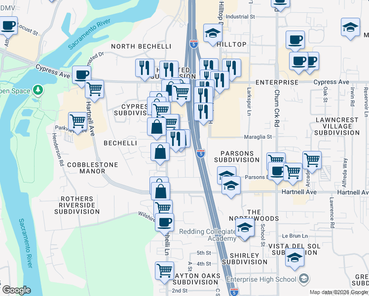 map of restaurants, bars, coffee shops, grocery stores, and more near 2839 Duane Avenue in Redding