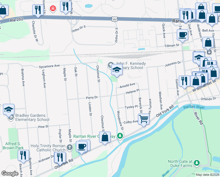 map of restaurants, bars, coffee shops, grocery stores, and more near 2 Obert Drive in Raritan