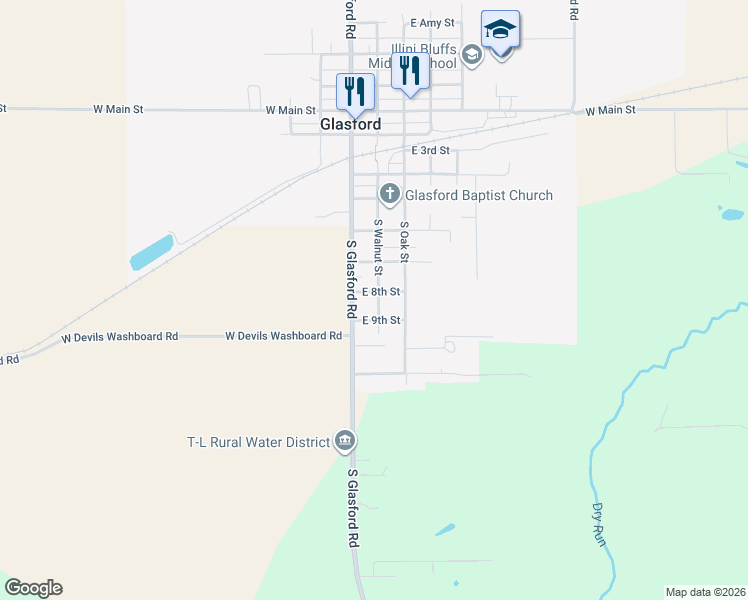 map of restaurants, bars, coffee shops, grocery stores, and more near 201 East 9th Street in Glasford