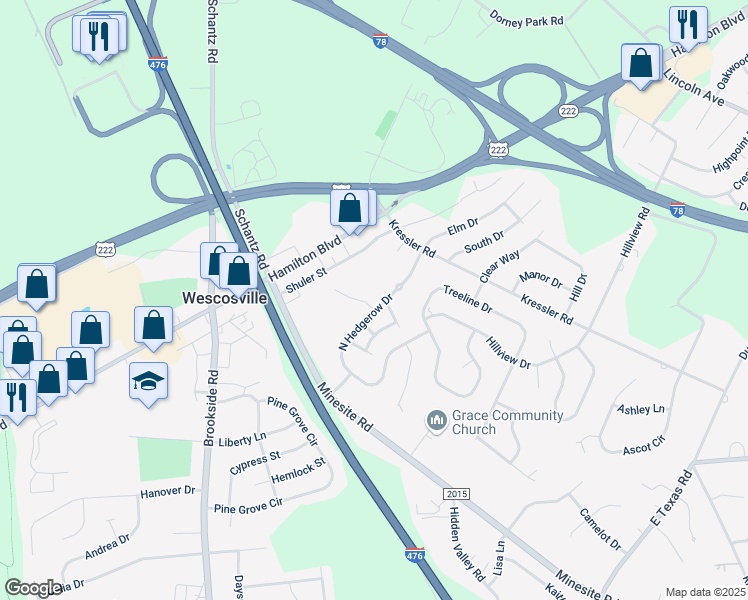 map of restaurants, bars, coffee shops, grocery stores, and more near 962 Barnside Road in Allentown