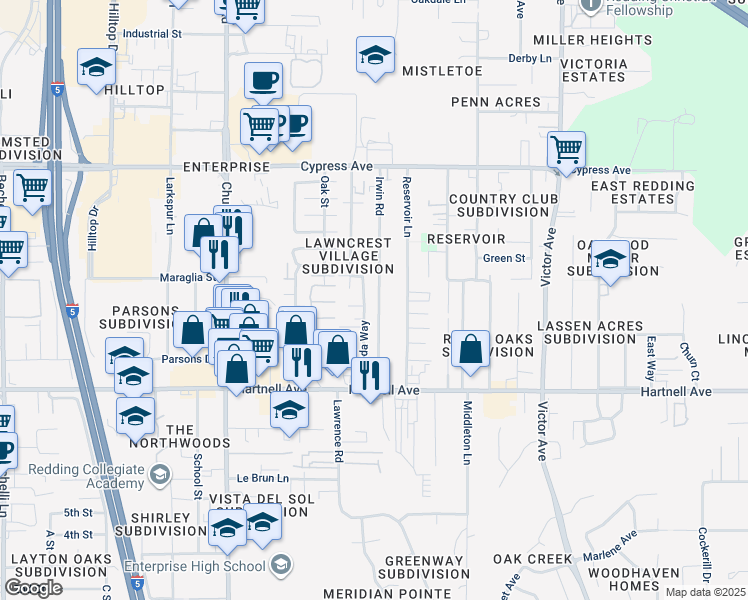 map of restaurants, bars, coffee shops, grocery stores, and more near 2790 Irwin Road in Redding