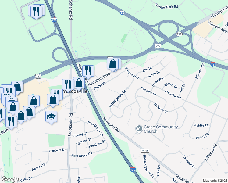 map of restaurants, bars, coffee shops, grocery stores, and more near 875 Cold Spring Road in Allentown