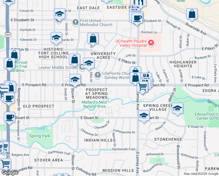 map of restaurants, bars, coffee shops, grocery stores, and more near 845 Apex Drive in Fort Collins