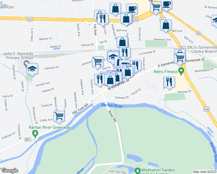 map of restaurants, bars, coffee shops, grocery stores, and more near 74 West Somerset Street in Raritan