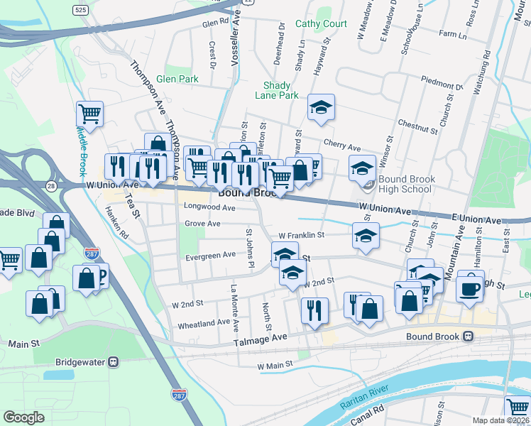 map of restaurants, bars, coffee shops, grocery stores, and more near 346 Vosseller Avenue in Bound Brook