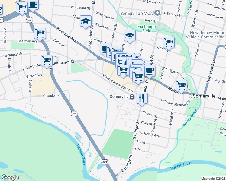 map of restaurants, bars, coffee shops, grocery stores, and more near 1 Veterans Memorial Dr W in Somerville