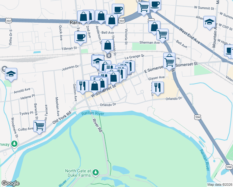 map of restaurants, bars, coffee shops, grocery stores, and more near 25 Canal Street in Raritan
