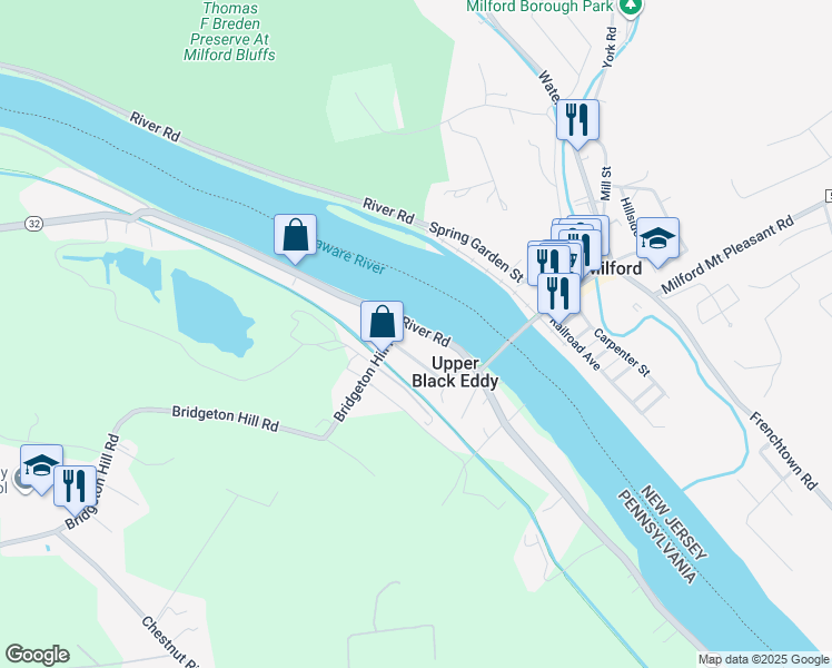 map of restaurants, bars, coffee shops, grocery stores, and more near 1636 River Road in Upper Black Eddy
