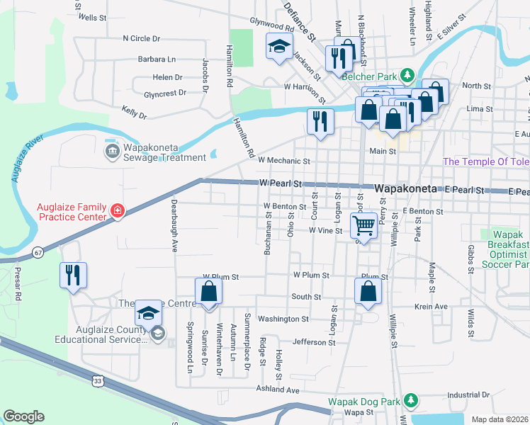 map of restaurants, bars, coffee shops, grocery stores, and more near 501 Buchanan Street in Wapakoneta