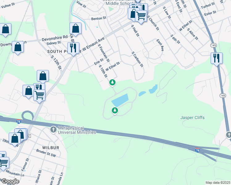 map of restaurants, bars, coffee shops, grocery stores, and more near 2583 South 10th Street in Allentown