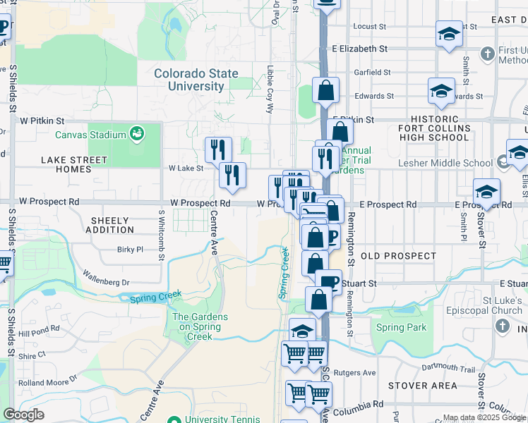 map of restaurants, bars, coffee shops, grocery stores, and more near 303 West Prospect Road in Fort Collins