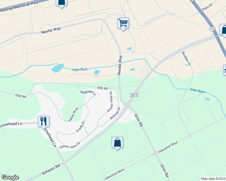 map of restaurants, bars, coffee shops, grocery stores, and more near 8298 Scenic View Drive in Breinigsville
