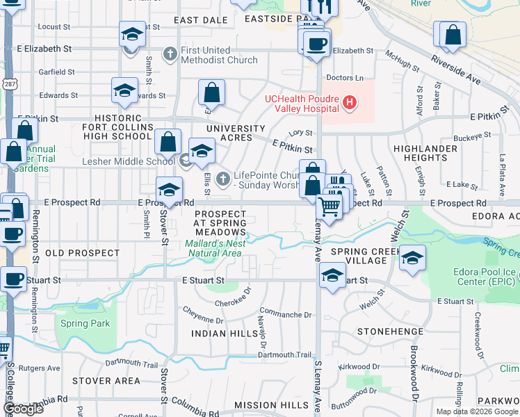 map of restaurants, bars, coffee shops, grocery stores, and more near 909 East Prospect Road in Fort Collins