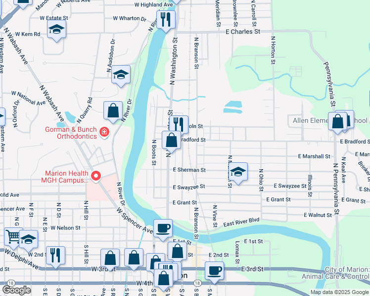 map of restaurants, bars, coffee shops, grocery stores, and more near 444 North Adams Street in Marion