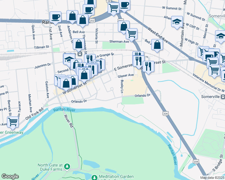 map of restaurants, bars, coffee shops, grocery stores, and more near 101 River Park Drive in Raritan