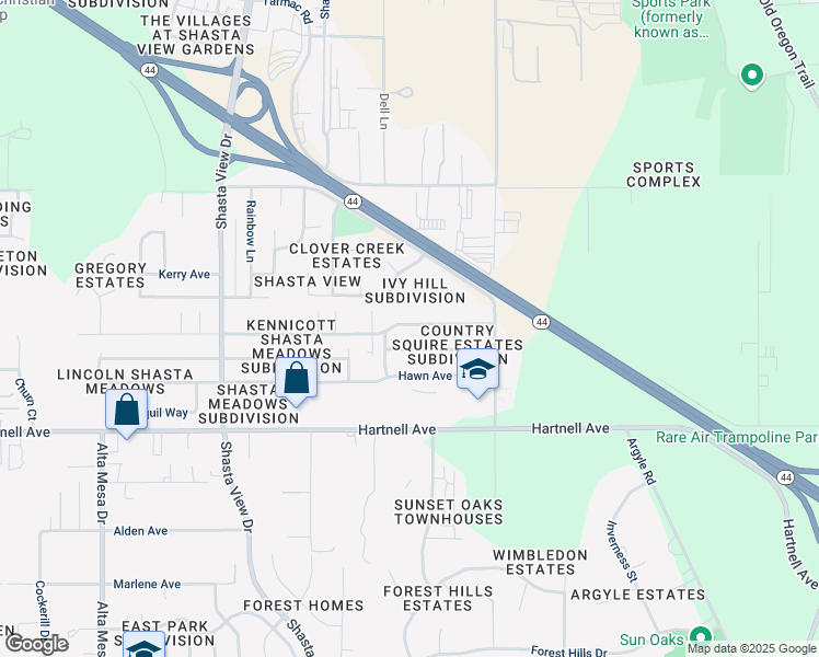 map of restaurants, bars, coffee shops, grocery stores, and more near 2883 Camulos Way in Redding