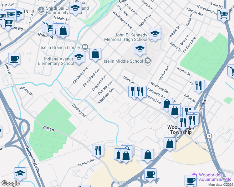 map of restaurants, bars, coffee shops, grocery stores, and more near 90 South Hyde Avenue in Woodbridge Township