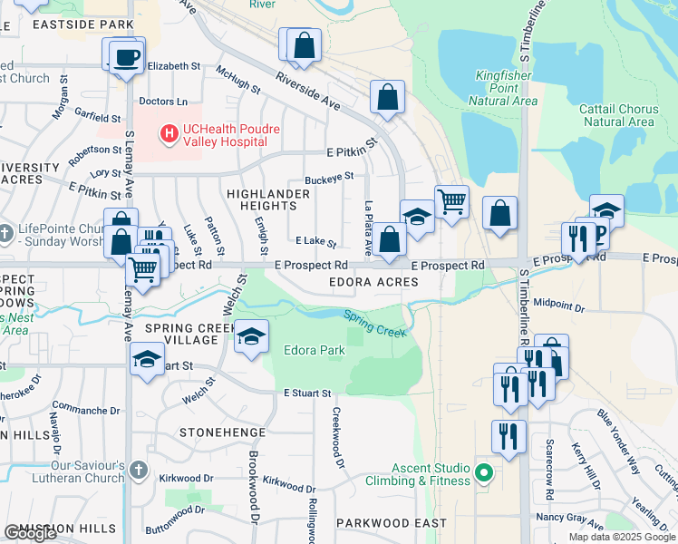 map of restaurants, bars, coffee shops, grocery stores, and more near 1609 East Lake Street in Fort Collins