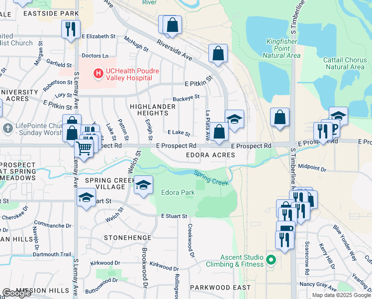 map of restaurants, bars, coffee shops, grocery stores, and more near 1609 East Lake Street in Fort Collins