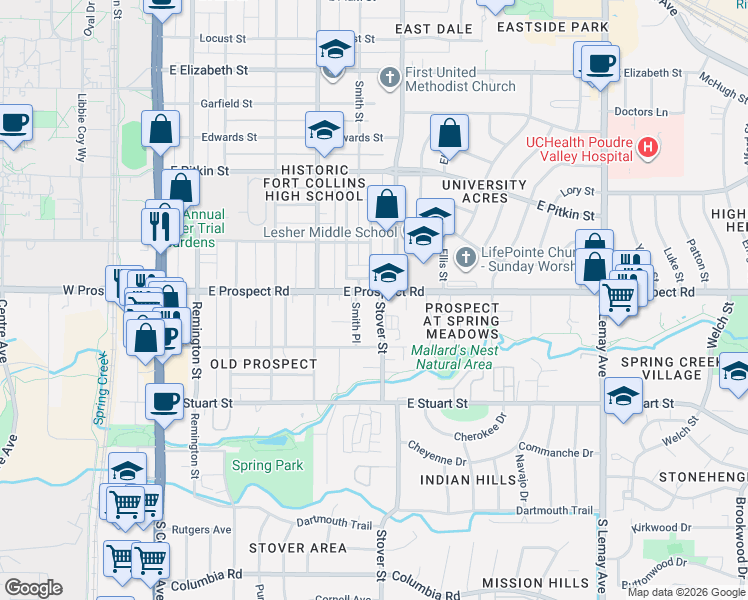 map of restaurants, bars, coffee shops, grocery stores, and more near 260 Circle Drive in Fort Collins