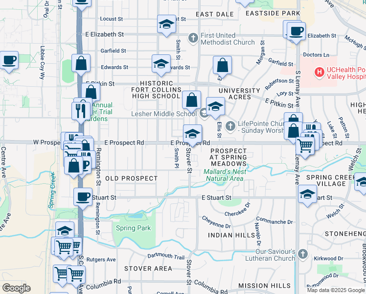 map of restaurants, bars, coffee shops, grocery stores, and more near 260 Circle Drive in Fort Collins