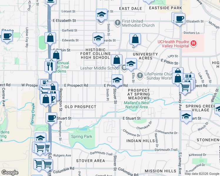 map of restaurants, bars, coffee shops, grocery stores, and more near 260 Circle Drive in Fort Collins