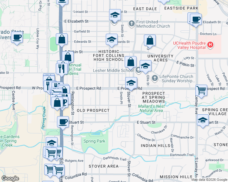 map of restaurants, bars, coffee shops, grocery stores, and more near 210 Circle Drive in Fort Collins