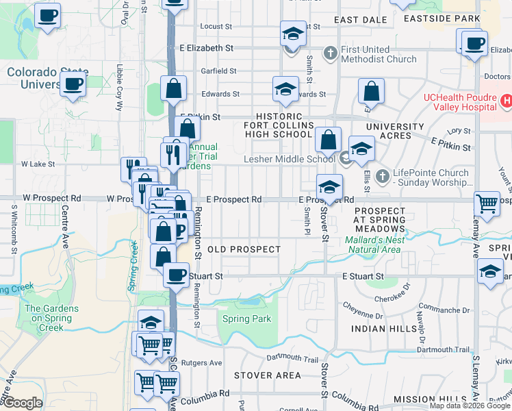 map of restaurants, bars, coffee shops, grocery stores, and more near 1532 Peterson Street in Fort Collins