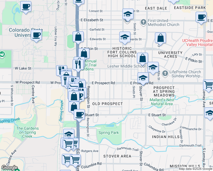 map of restaurants, bars, coffee shops, grocery stores, and more near 1532 Peterson Street in Fort Collins