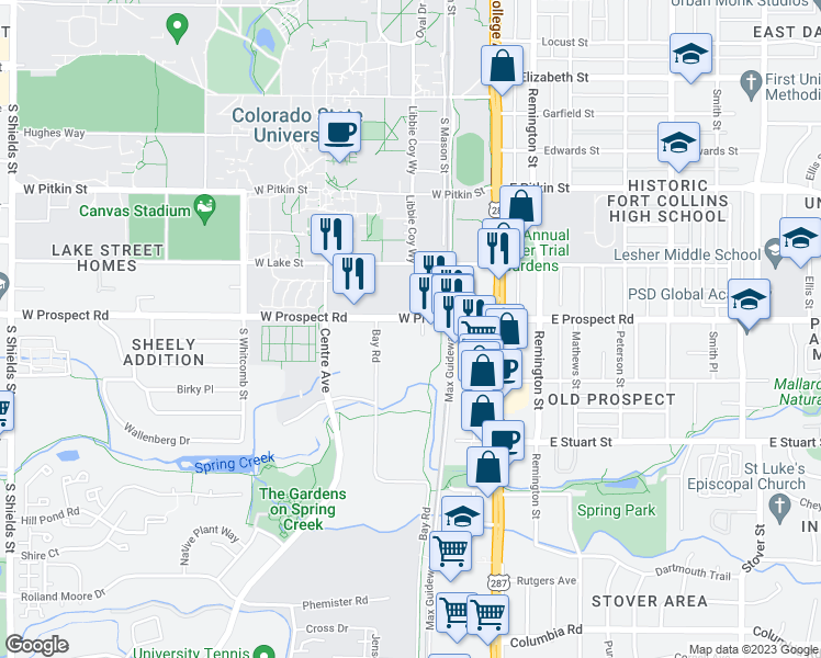map of restaurants, bars, coffee shops, grocery stores, and more near 240 West Prospect Road in Fort Collins