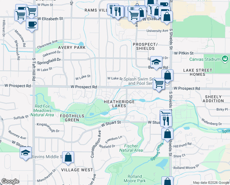 map of restaurants, bars, coffee shops, grocery stores, and more near 1504 West Prospect Road in Fort Collins