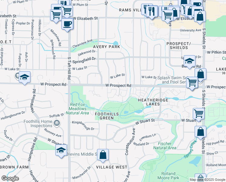 map of restaurants, bars, coffee shops, grocery stores, and more near 1509 Skyline Drive in Fort Collins