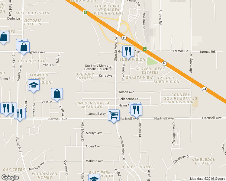 map of restaurants, bars, coffee shops, grocery stores, and more near 2359 Christian Lane in Redding