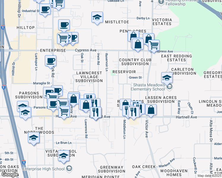 map of restaurants, bars, coffee shops, grocery stores, and more near 2691 Reservoir Lane in Redding