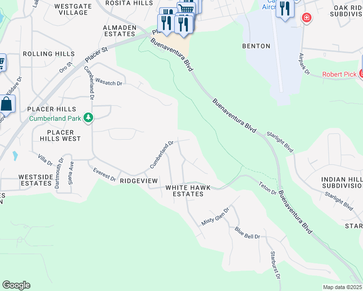 map of restaurants, bars, coffee shops, grocery stores, and more near 2667 Cumberland Drive in Redding