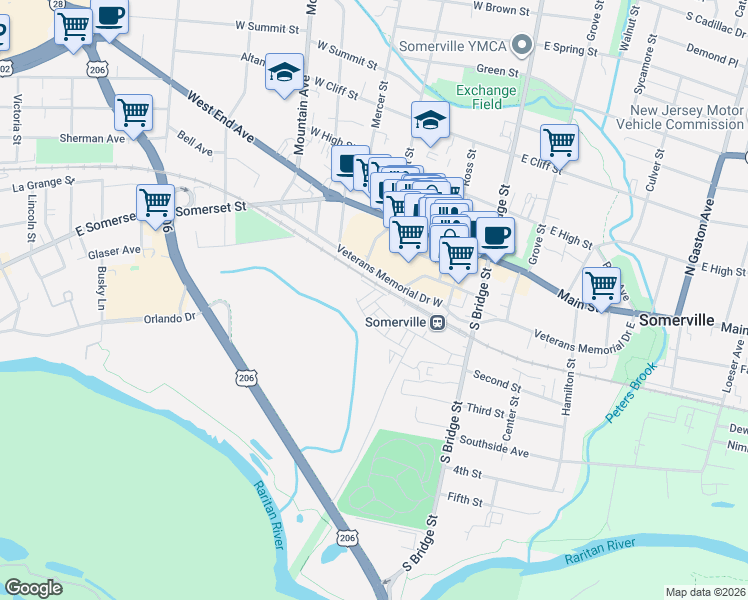 map of restaurants, bars, coffee shops, grocery stores, and more near 1 South Davenport Street in Somerville