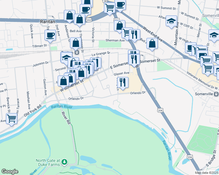 map of restaurants, bars, coffee shops, grocery stores, and more near 100 River Park Drive in Raritan
