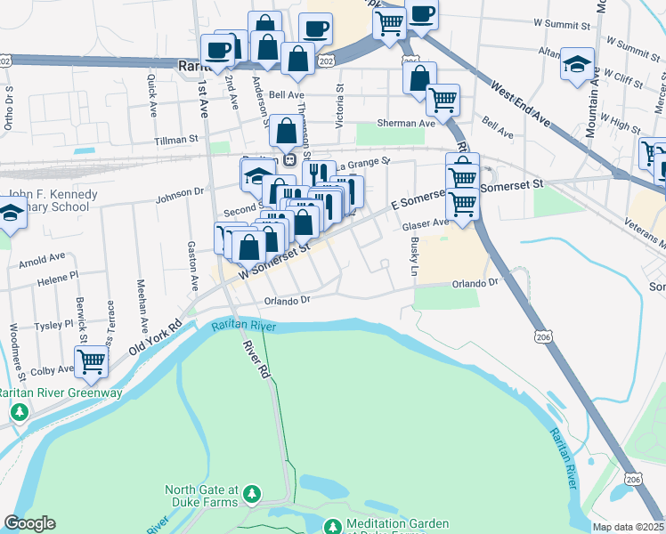 map of restaurants, bars, coffee shops, grocery stores, and more near 1 West Somerset Street in Raritan