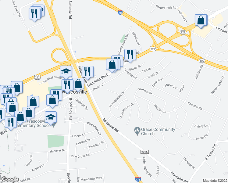 map of restaurants, bars, coffee shops, grocery stores, and more near 895 Cold Spring Road in Allentown