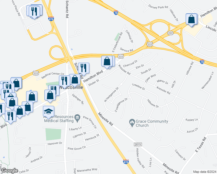 map of restaurants, bars, coffee shops, grocery stores, and more near 867 Cold Spring Road in Allentown
