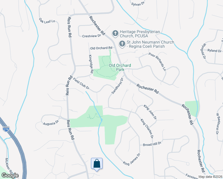 map of restaurants, bars, coffee shops, grocery stores, and more near 1515 Sandhurst Drive in Pittsburgh