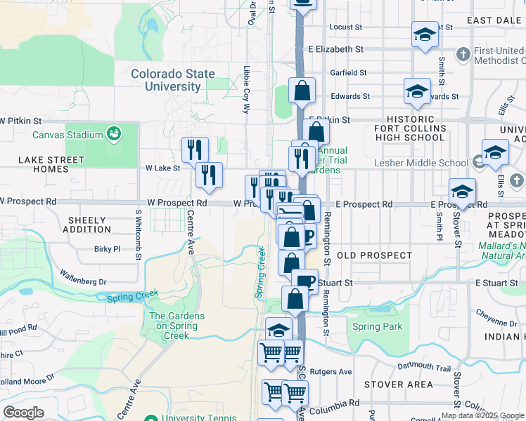 map of restaurants, bars, coffee shops, grocery stores, and more near 221 West Prospect Road in Fort Collins