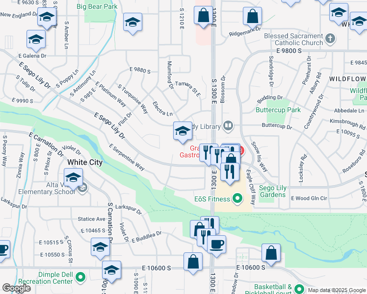 map of restaurants, bars, coffee shops, grocery stores, and more near 10100 South 1300 East in Sandy